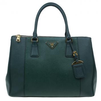 Pre Owned Prada Green Two Tone Saffiano Lux Leather Medium Double Zip Tote