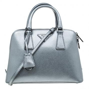 Pre Owned Prada Silver Saffiano Leather Small Vernice Promenade Top Handle Bag