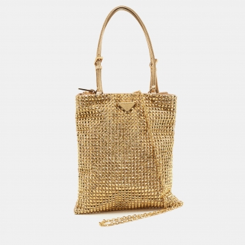 Pre Owned Prada Gold Satin Crystal Embellished Crossbody Bag