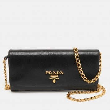 Pre Owned Prada Black Vitello Move Leather Leather Wallet On Chain