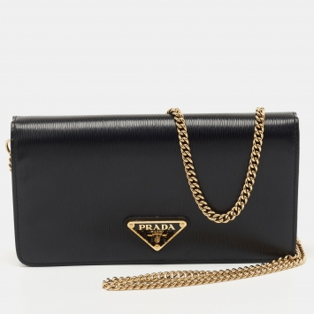 Pre Owned Prada Black Vitello Move Leather Wallet on Chain