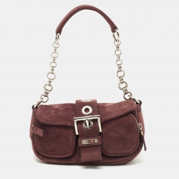 Pre Owned Prada Purple Suede Buckle Flap Baguette Bag
