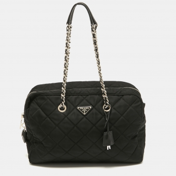 Pre Owned Prada Black Quilted Nylon Chain Satchel