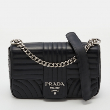 Pre Owned Prada Black Diagramme Leather Medium Shoulder Bag