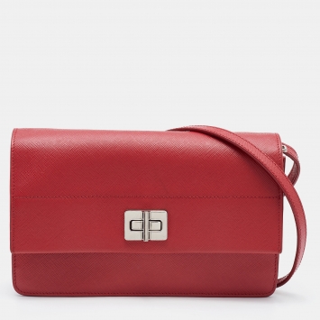 Pre Owned Prada Red Saffiano Leather Double Sided  Flap Crossbody Bag