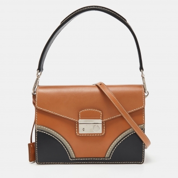 Pre Owned Prada Tri Color Vitello Leather Flap Top Handle Bag