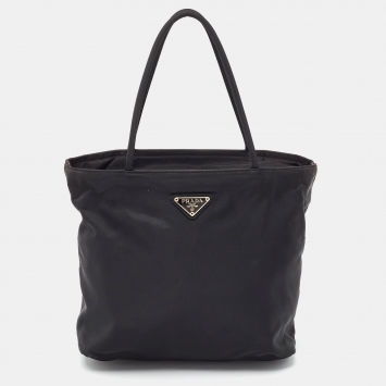 Pre Owned Prada Black Nylon Logo Zip Tote