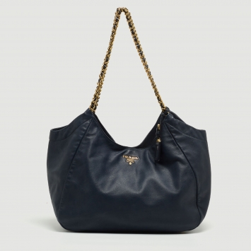 Pre Owned Prada Navy Blue Leather Chain Handle Hobo