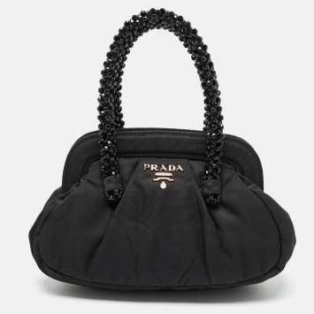 Pre Owned Prada Black Nylon Mini Frame Embellished Bag