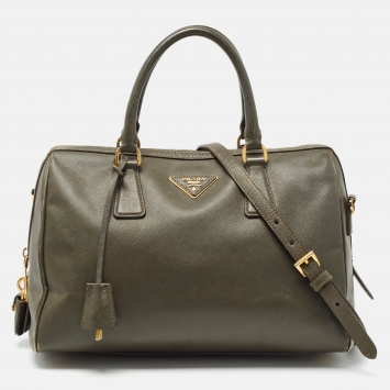Pre Owned Prada Olive Green Saffiano Leather Bowler Bag