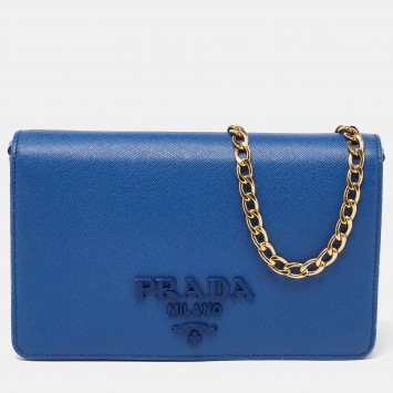 Pre Owned Prada Blue Saffiano Leather Wallet on Chain