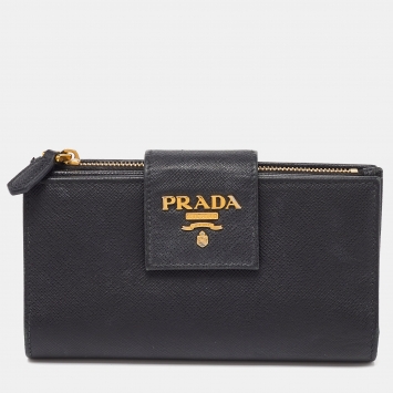 Pre Owned Prada Black Saffiano Metal Leather Compact Wallet