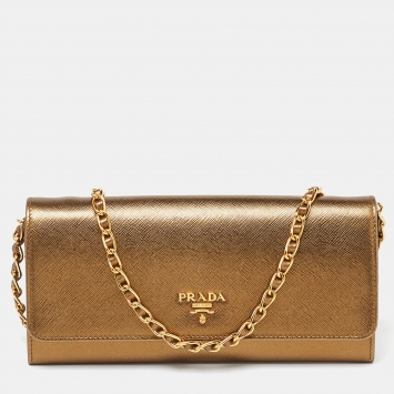Pre Owned Prada Bronze Saffiano Metal Leather Wallet on Chain
