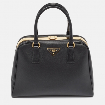 Pre Owned Prada Black Saffiano Lux Leather Pyramid Frame Satchel