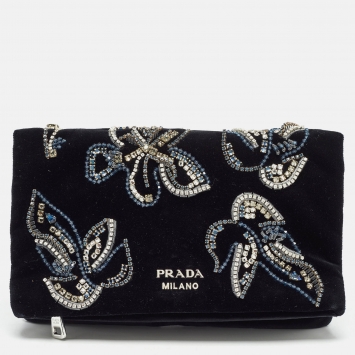 Pre Owned Prada Black Velvet Crystals Embellished Fold Over Clutch