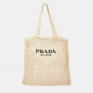 Pre Owned Prada Beige Raffia Crochet Tote Bag