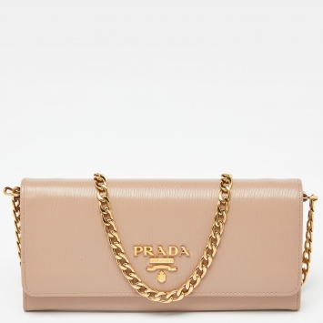 Pre Owned Prada Beige Vitello Move Leather Wallet on Chain