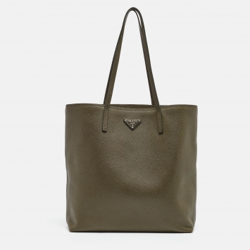 Pre Owned Prada Olive Green Saffiano Cuir Leather Triangle Logo Tote
