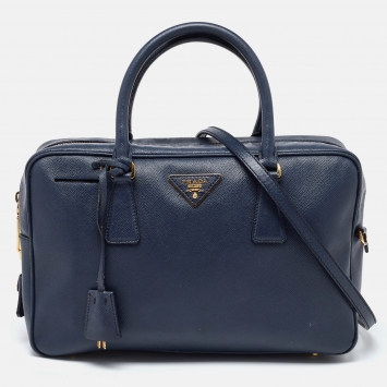 Pre Owned Prada Blue Saffiano Lux Leather Boston Bag