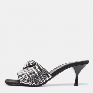 Pre Owned Prada Black Satin Crystal Embellished Slide Sandals Size 40