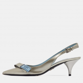Pre Owned Prada Grey Patent Leather Bow Slingback Pumps Size 37