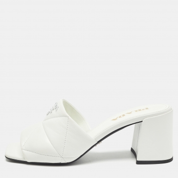 Pre Owned Prada White Quilted Leather Slide Sandals Size 37.5