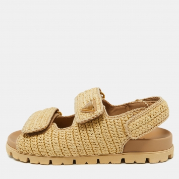Pre Owned Prada Beige Raffia Logo-Plaque Velcro Slingback Sandals Size 37