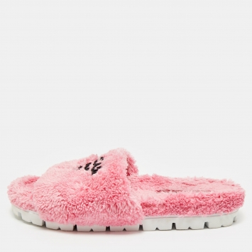 Prada Pink Shearling Logo Slide Flats Size 39