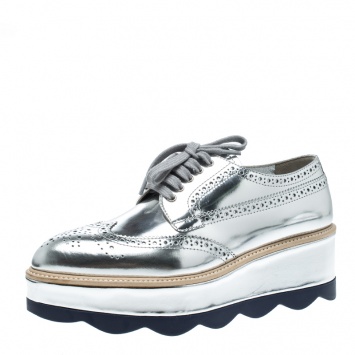 Pre Owned Prada Metallic Silver Brogue Leather Wave Wingtip Platform Derby Sneakers Size 37.5