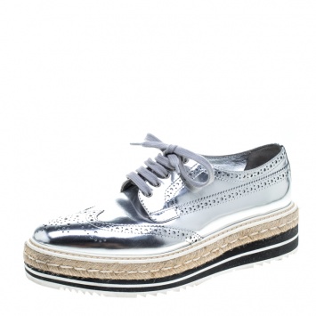 Pre Owned Prada Metallic Silver Brogue Leather Wave Wingtip Espadrille Platform Derby Sneakers Size 39.5