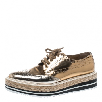 Pre Owned Prada Metallic Gold Brogue Leather Wave Wingtip Espadrille Platform Derby Sneakers Size 38