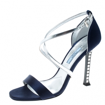 Pre Owned Prada Blue/Silver Satin and Leather Jeweled Heel Criss Cross Ankle Strap Sandals Size 38.5