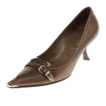 Pre Owned Prada Brown Leather Pointed Toe Kitten Heel Pumps Size 36.5