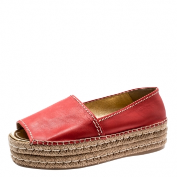 Pre Owned Prada Red Leather Open Toe Platform Espadrilles Size 40