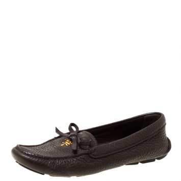 Pre Owned Prada Brown Leather Bow Slip On Loafers Size 37