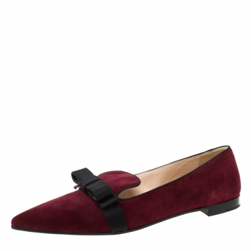 Pre Owned Prada Burgundy/Black Suede Bow Pointed Toe Flats Size 40