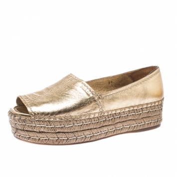 Pre Owned Prada Gold Metallic Leather Peep Toe Platform Espadrilles Size 39