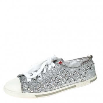 Pre Owned Prada Silver Glitter Stud Low Top Sneakers Size 37