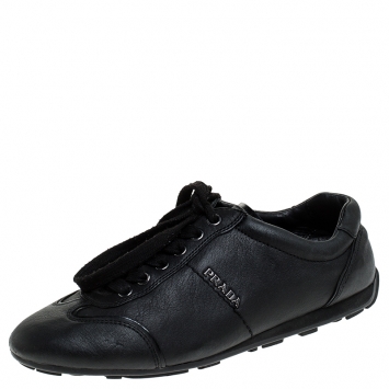 Pre Owned Prada Black Leather Lace Up Sneakers Size 36.5