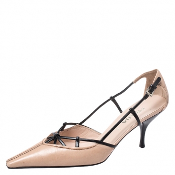 Pre Owned Prada Beige/Black Leather Pointed Squared Toe Pumps Size 37.5