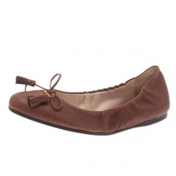 Pre Owned Prada Brown Leather Tassel Ballet Flats Size 36