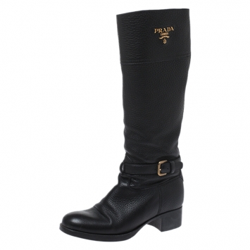 Pre Owned Prada Black Leather Mid Calf Boots Size 38.5