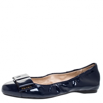 Pre Owned Prada Navy Blue Patent Leather Bow Ballet Flats Size 38.5