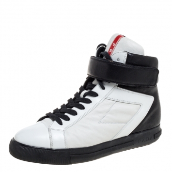 Pre Owned Prada Black/White Leather High Top Sneakers Size 37.5