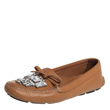 Pre Owned Prada Brown Leather Crystal Embellished Loafers Size 37