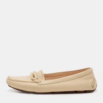Pre Owned Prada Cream Leather Bar Driver Slip on Loafers Size 37.5