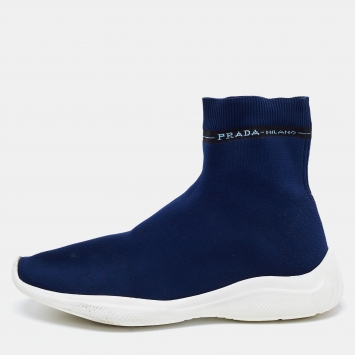 Pre Owned Prada Sport Navy Blue Knit Fabric High Top Sneakers Size 37.5