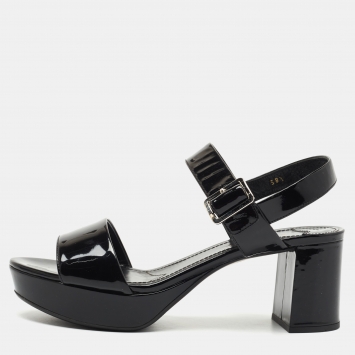 Pre Owned Prada Black Patent Ankle Strap Platform Sandals Size 38.5