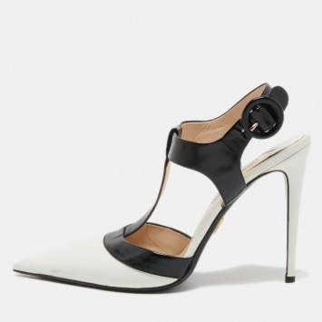 Pre Owned Prada White/Black Leather T-Strap Pumps Size 41