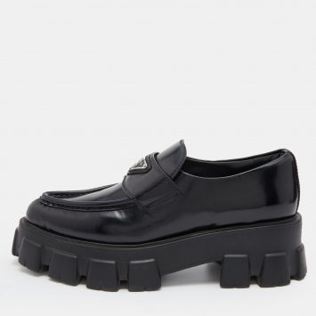Pre Owned Prada Black Leather Monolith Platform Loafers Size 36.5